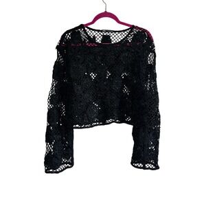 Zara Black Crochet Floral Open Knit Long Sleeve Crop Top‎ Festival Burning Man